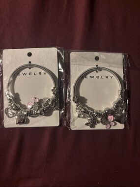 2 pack Silver Charm Bracelet with Pink Butterfly Accent - Women's Jewelry